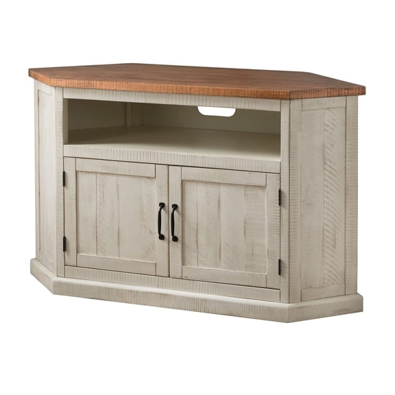 Bowery Hill Rustic Wood Corner TV Stand for TVs up to 50" in Antique White/Honey