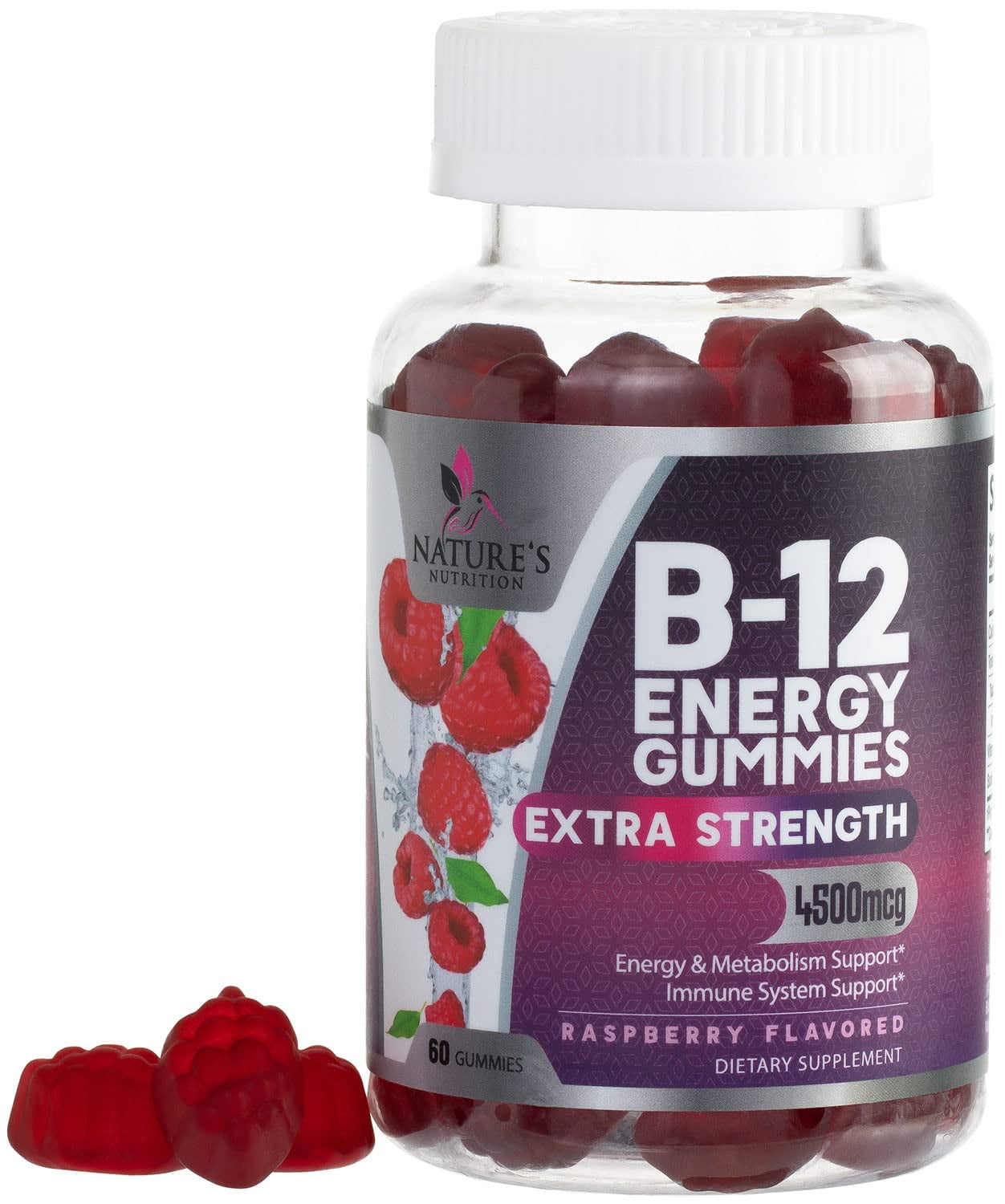 Nature's Nutrition Vitamin B12 Gummies 4500mcg, High Absorption Vitamin B-12 Energy Gummy, Plant-Based Vegan Gummy, Natural Energy Support, Ripe Raspberry Flavor, for Adults and Kids - 60 Gummies