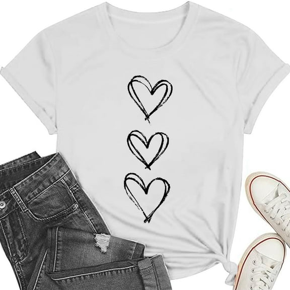 Women's Short Sleeve Tops Dressy Casual Heart Print Graphic Tee Valentine T Shirt Gift