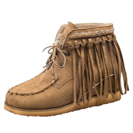 

HGWXX7 Up Flat Suede Fashion Lace Color Retro Boots Fashion Tassel Boots Women s Solid women s boots Fall Shoes