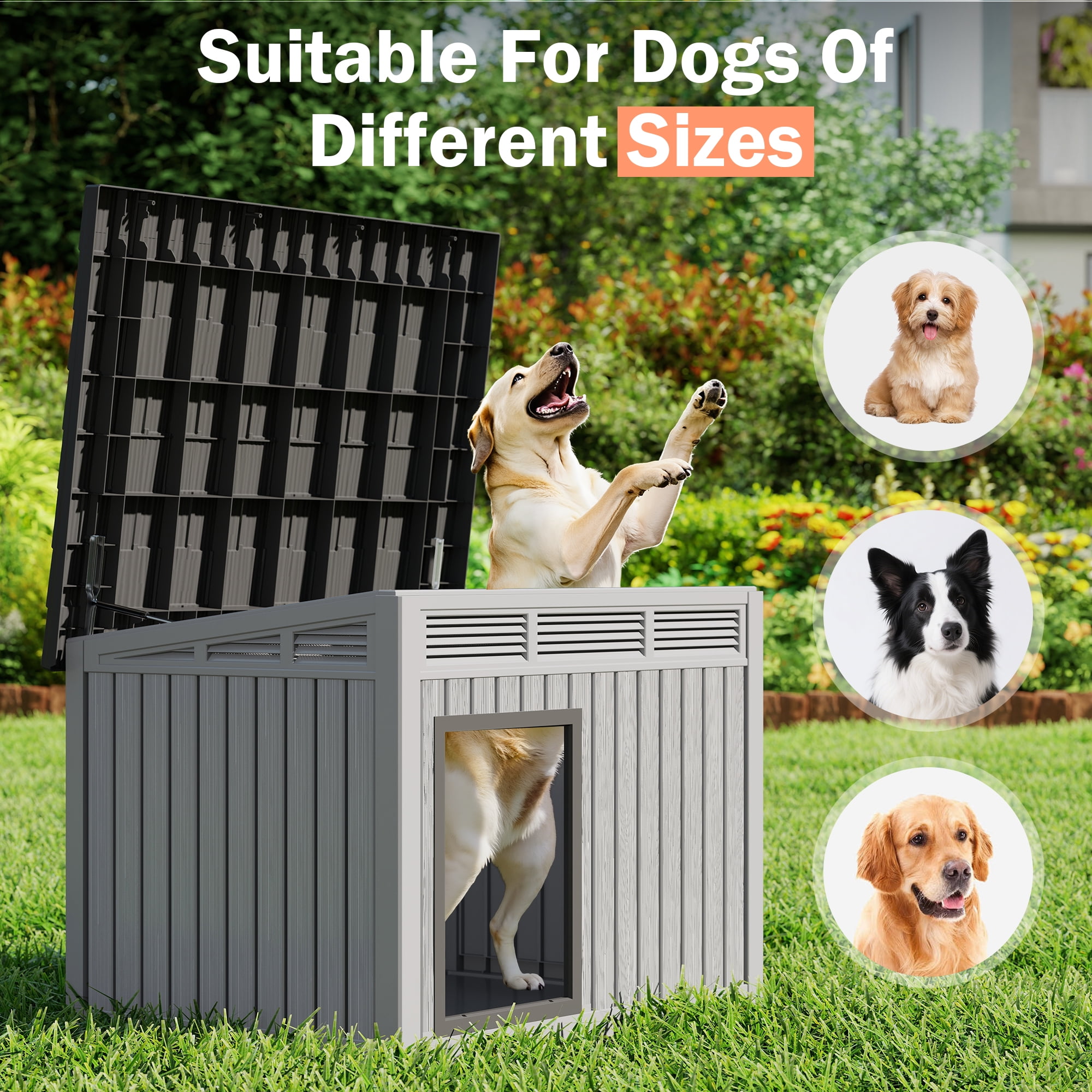 LHBcraft Waterproof Dog House,Indoor & Outdoor Dog Shelter with Ventilated Design & Removable Roof, PP Dog Kennel for Medium to Large Dogs,Gray,42.8" L x 33" W x 31" H