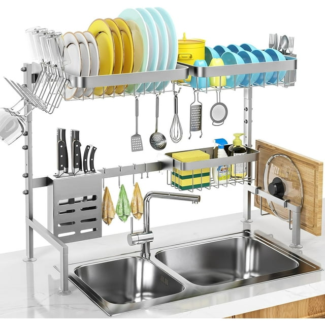 HAHDAXIA 304 Stainless Steel Over The Sink Dish Drying Rack Length Adjustable Dish Drainer Full Set Dish Rack for Kitchen Sink Organizer Space Saver - Silver