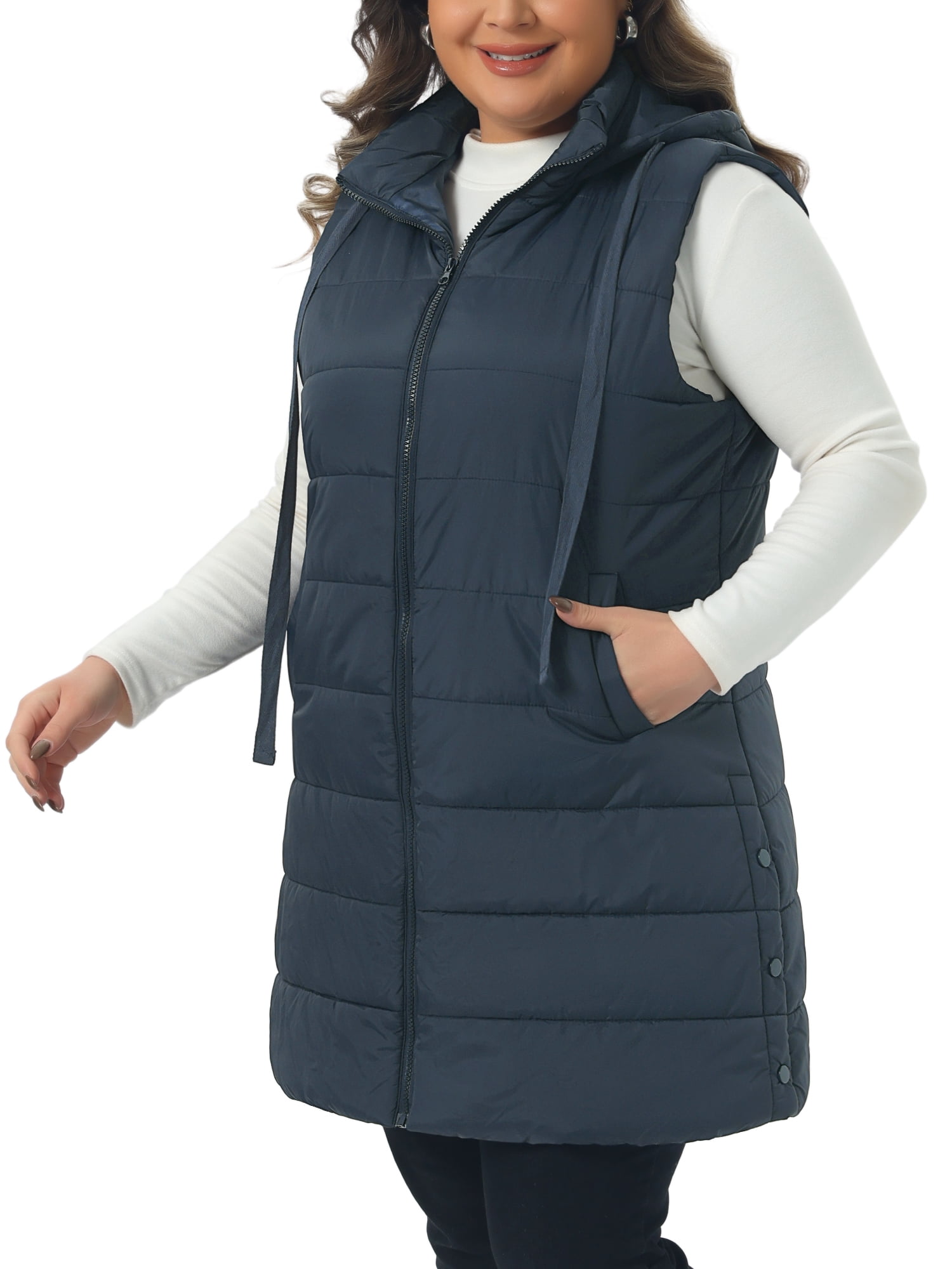 DARING DIVA Women's Plus Size Long Hooded Zip Up Puffer Vest 3X Navy Blue