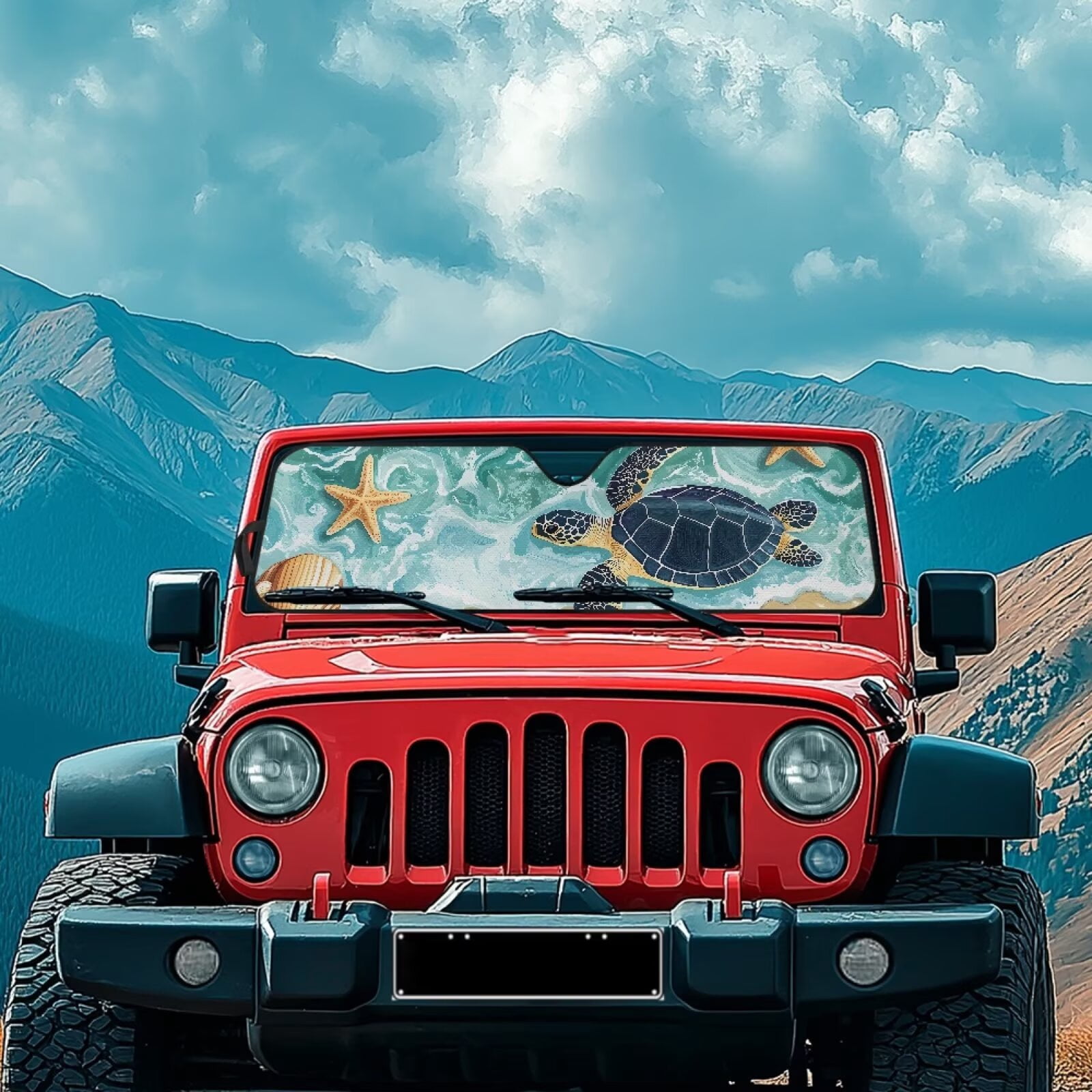 Uorisanigo Windshield Sunshade Sun Shade Car Sun Visor Mat Heat Shield for Jeep Wrangler JL JLU 2018-2024 Rubicon Sahara 2 Door & 4 Door & Gladiator JT, 1pc (Beach Turtle Starfish)