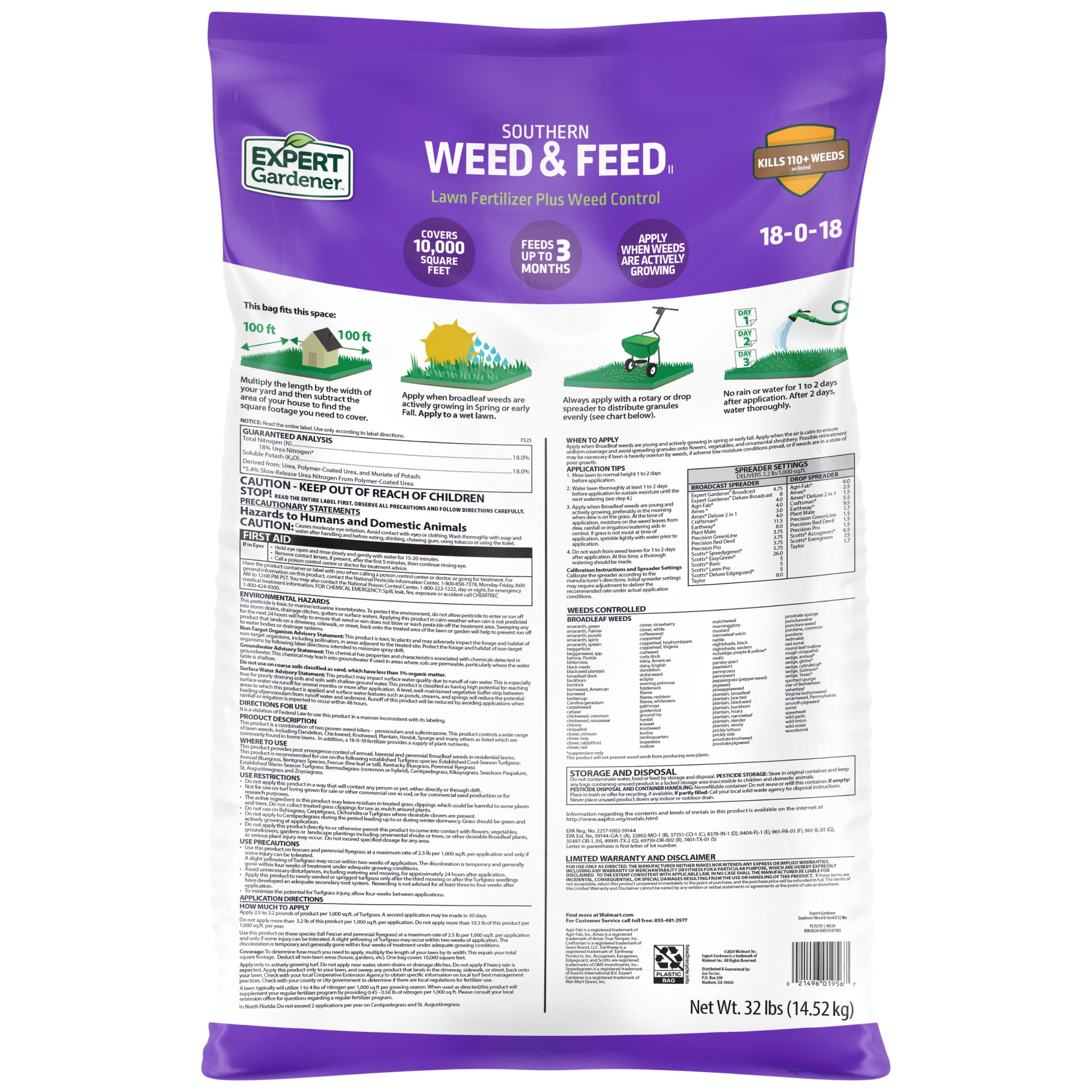 Expert Gardener Southern Weed & Feed Lawn Fertilizer & Weed Control, 32 lb, Covers Up to 10,000 sq ft