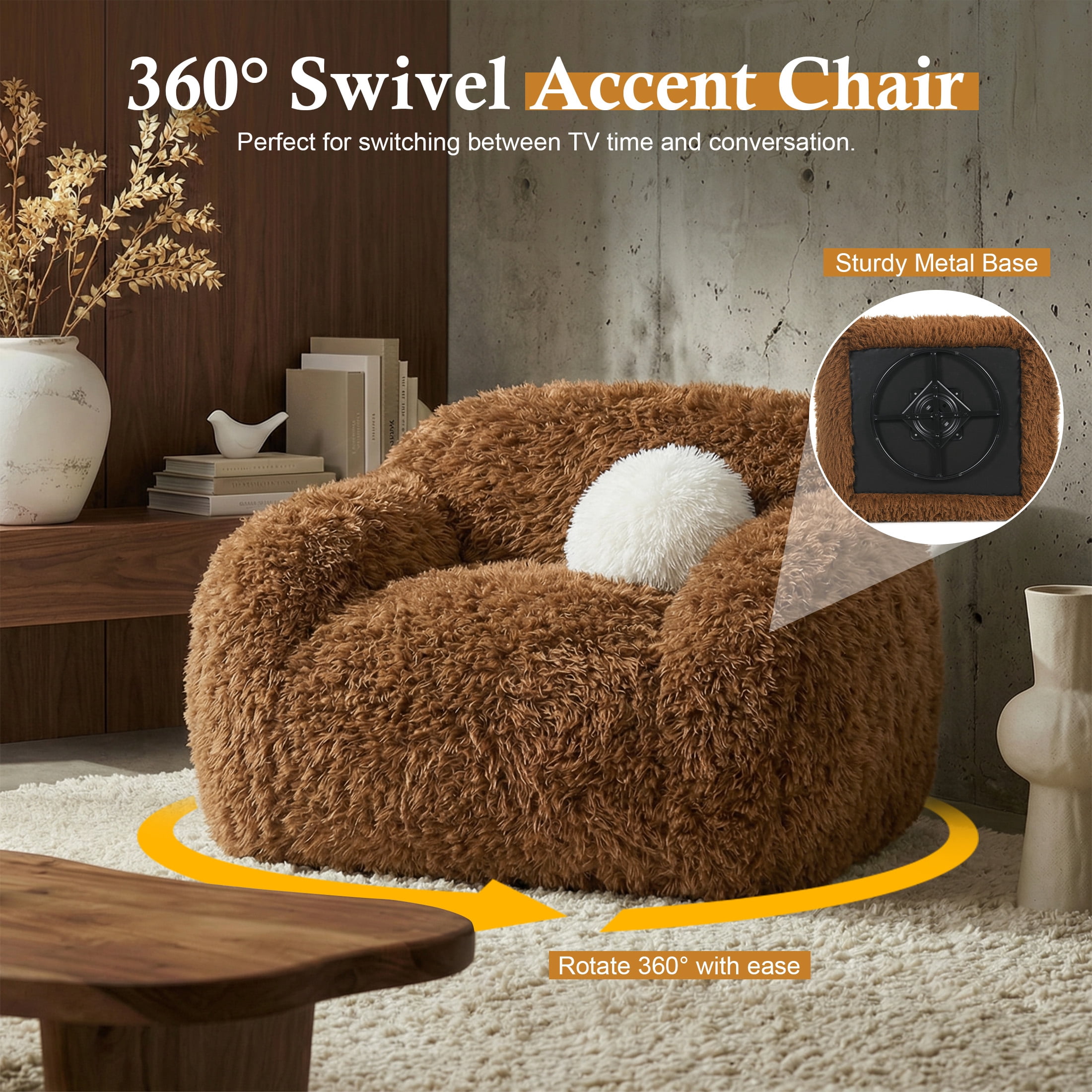 Aukfa Oversized 360° Swivel Sofa Chiar, 43.3" Plush Faux Fur Accent Chair with Ball Pillows, Brown