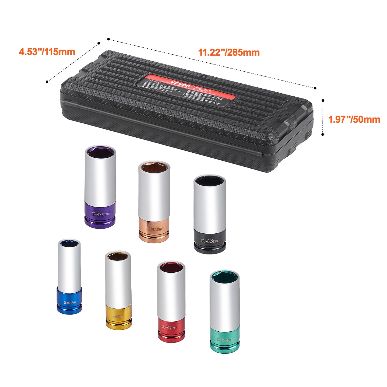 VEVOR Lug Nut Impact Socket Set, 1/2 inch Drive Metric 6-Point Deep Socket Set, 7 Total Lug Nut Sizes 17/19/21/22/23/24/27mm, CR-MO Steel Wheel Socket Set with Storage Case, for Auto Repair