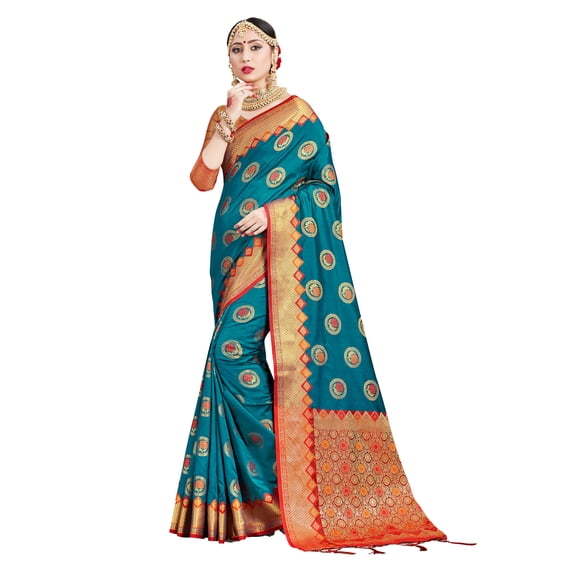 Sarees for Women Banarasi Art Silk Woven Sari - Indian Ethnic Gift Diwali Festival Saree with Unstitched Blouse Turquoise