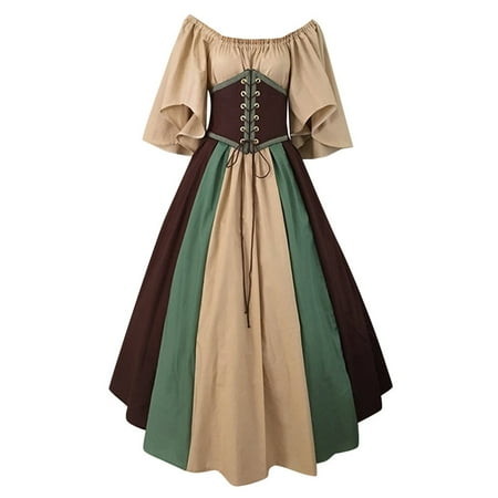 LLYwey Gothic Dresses for Women Vintage Lace-up Corset Patchwork Long Dresses Womens Plus Size Summer Causal Short Sleeve Off Shoulder Pleated A-Line Maxi Sundress  I-3  Coffee  L
