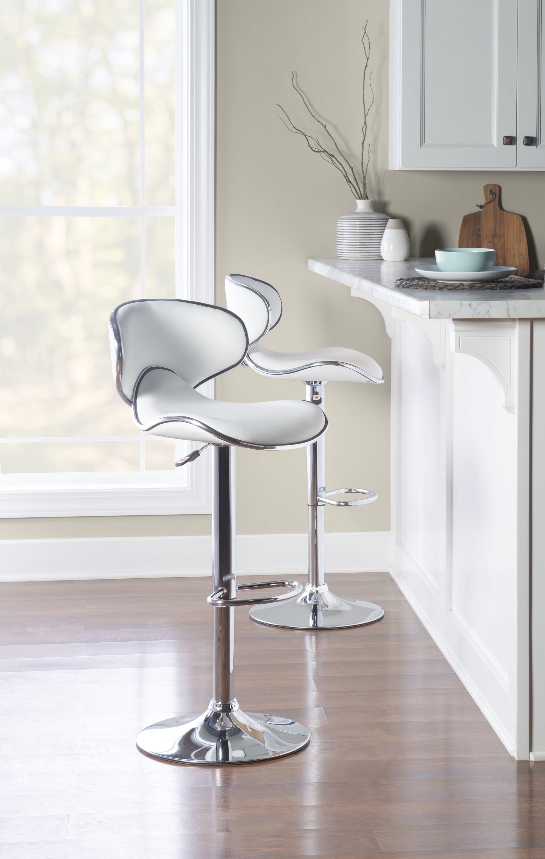 Linon Beldon 24" Low Back Indoor Metal Pedestal Bar Stool with Adjustable Height and Swivel, Chrome/White Faux Leather