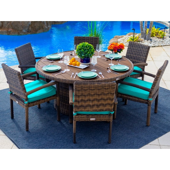 Tuscany 7-Piece Resin Wicker Outdoor Patio Furniture Round Dining Table Set with Dining Table and Six Cushioned Chairs (Half-Round Brown Wicker, Sunbrella Canvas Aruba)