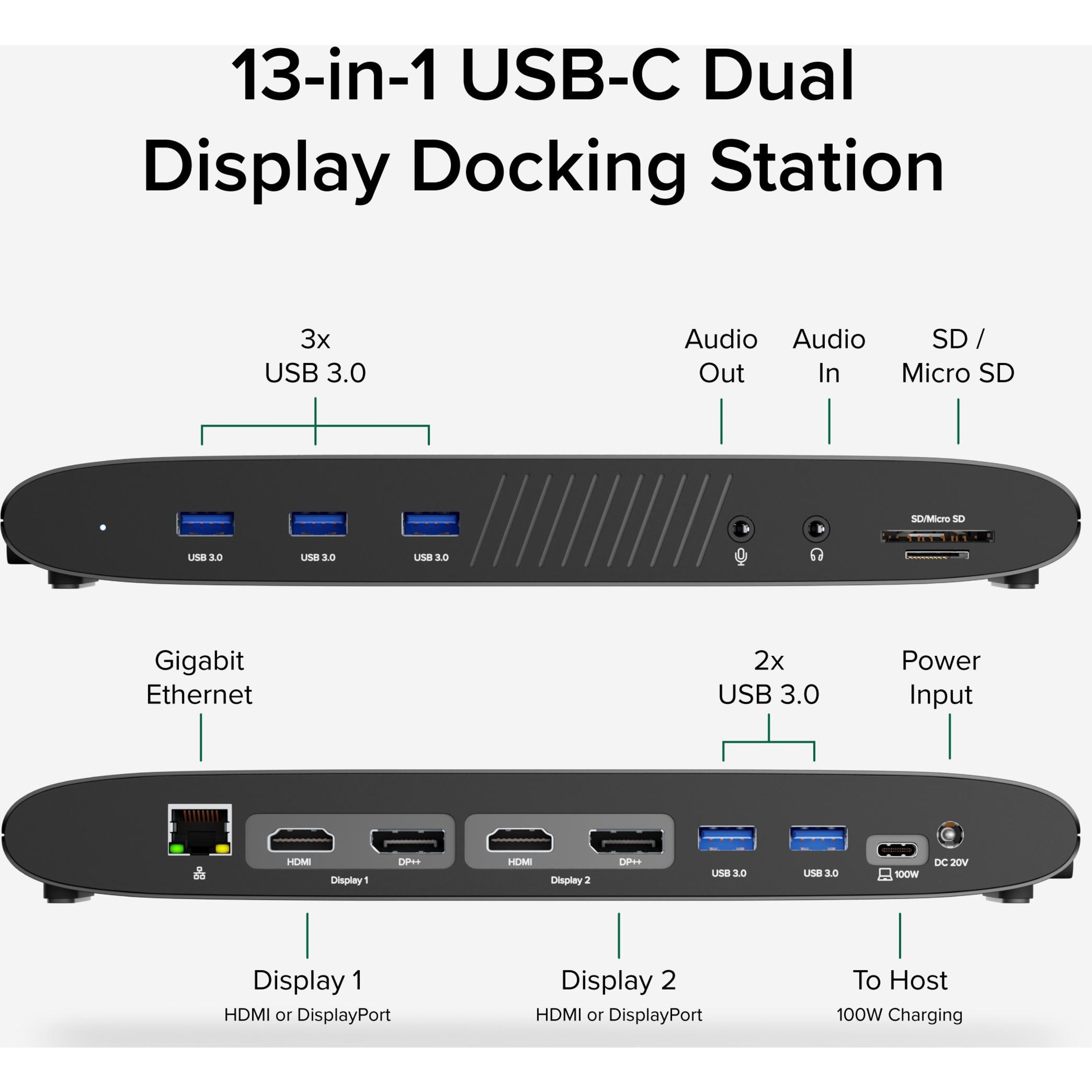 Plugable 13-in-1 USB C Docking Station Dual Monitor, 100W Charging, Dual 4K Displays 2x HDMI or 2x DisplayPort, Compatible with Mac, Windows, Thunderbolt 3 / 4, USB-C (5x USB, Ethernet, SD Card Reader - image 4 of 6