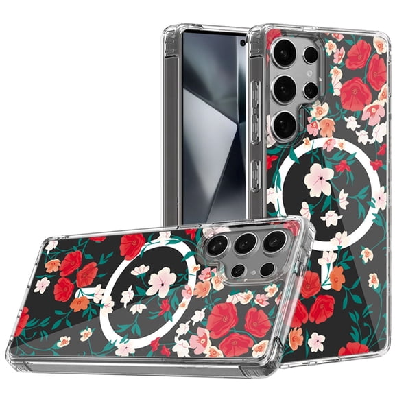 For Samsung Galaxy S25 Ultra Case, Hybrid Flower Design Stylish Fashion Case, MagSafe Compatible, Thick Shockproof Hard PC Phone Cover (Red Luna Roses)