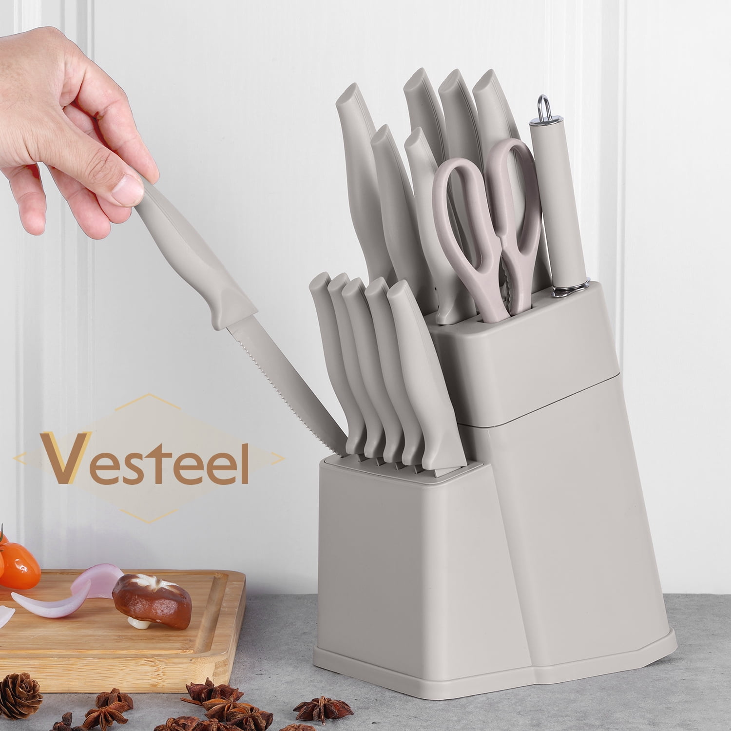 Vesteel Knife Set for Kitchen with Block, 15 Pcs High Carbon Stainless Steel Kitchen Knife Set with Self Sharpening - Khaki