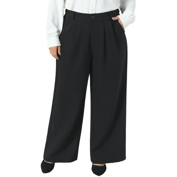 Agnes Orinda Women's Plus Size Suit Pants High Waist Soft Stretchy Button Business Casual Work Trousers with Pockets 1X Black