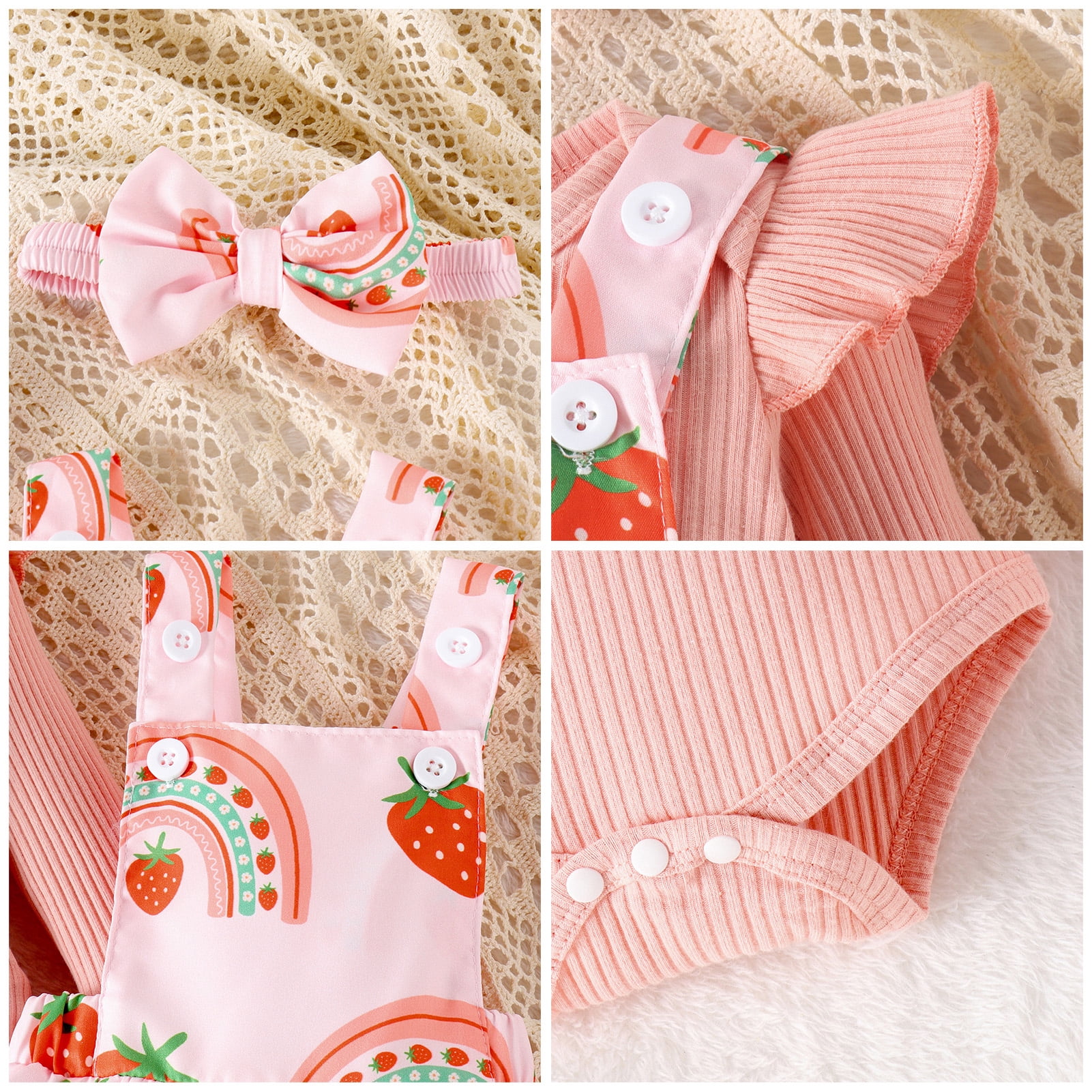 OBEEII Infant Toddle Girls Clothes Long Sleeve Jumpsuit and Strawberry Printed Skirt Fall Winter Casual Outfits Suit Cake Smash with Headband 3Pcs