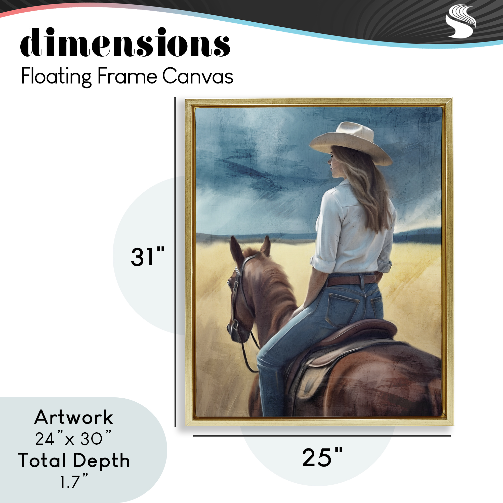 Countryside Cowgirl View Gold Framed Floater Canvas Wall Art, design by Kim Allen