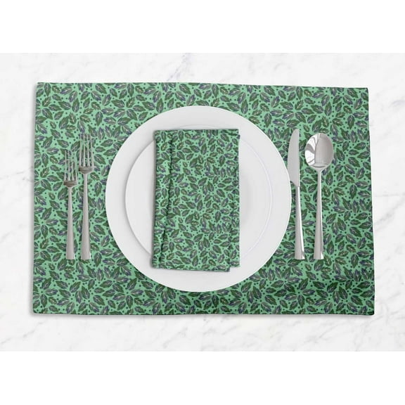 S4Sassy Green Rose Leaves Printed Dining Room Reversible Tablemats With Napkins set