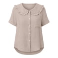thumbnail image 5 of Craaazy Women Plus Size Tops Loose Fit Solid Color Doll Collar Button Up Short Sleeve Cotton T Shirts for Daily Wear Gift, 5 of 6