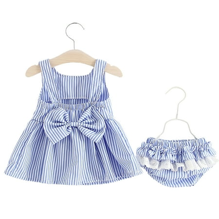 

Chaoren 2pcs Dress Stripe Comfortable Pure Cotton Newborn Baby Girls Dress Suit for Travel