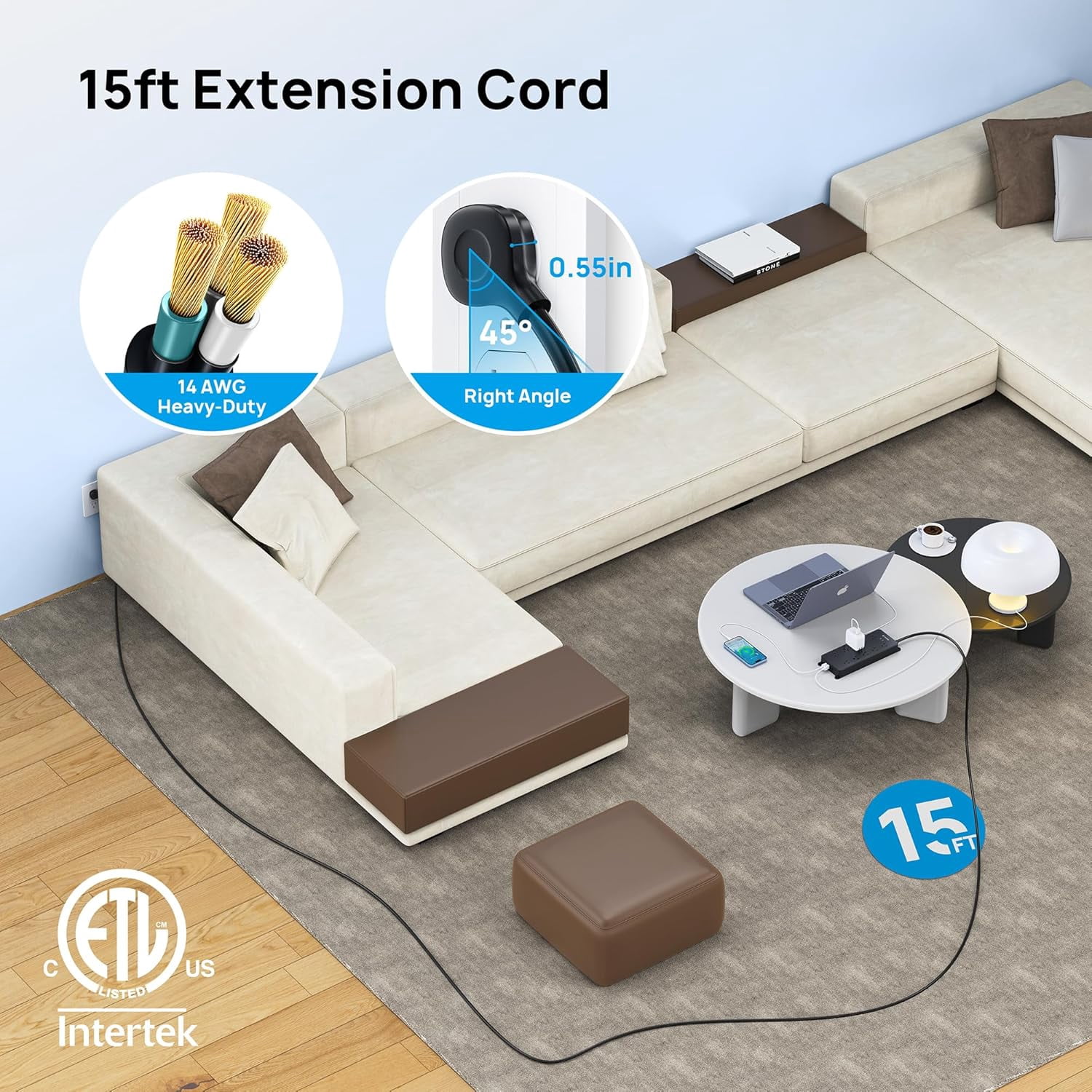 TROND Power Strip Surge Protector, ETL Listed, Flat Plug 15ft Long Extension Cord, 10 Widely Spaced AC Outlets, 2 USB A & 2 USB C Ports, 4000J, Wall Mount/Screw On, Under Desk/Cabinet/Counter, Black