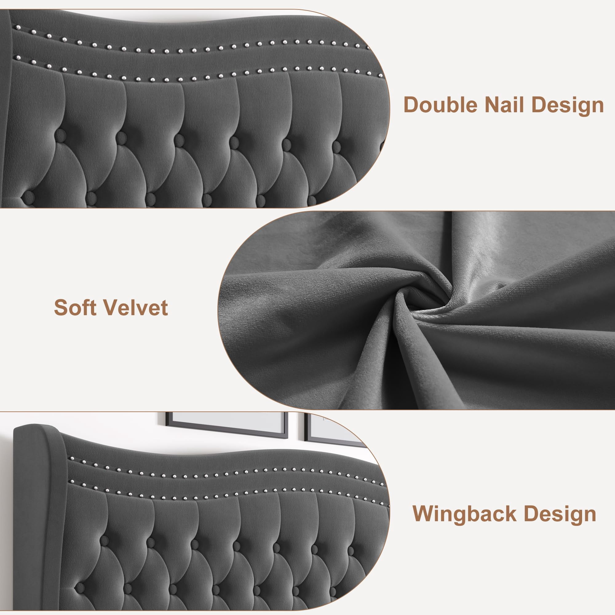 Miniyam Full Size Wingback Bed with 52" Velvet Upholstered Headboard, Nailhead Trim, Sturdy Wood Slats for Adults, Gray