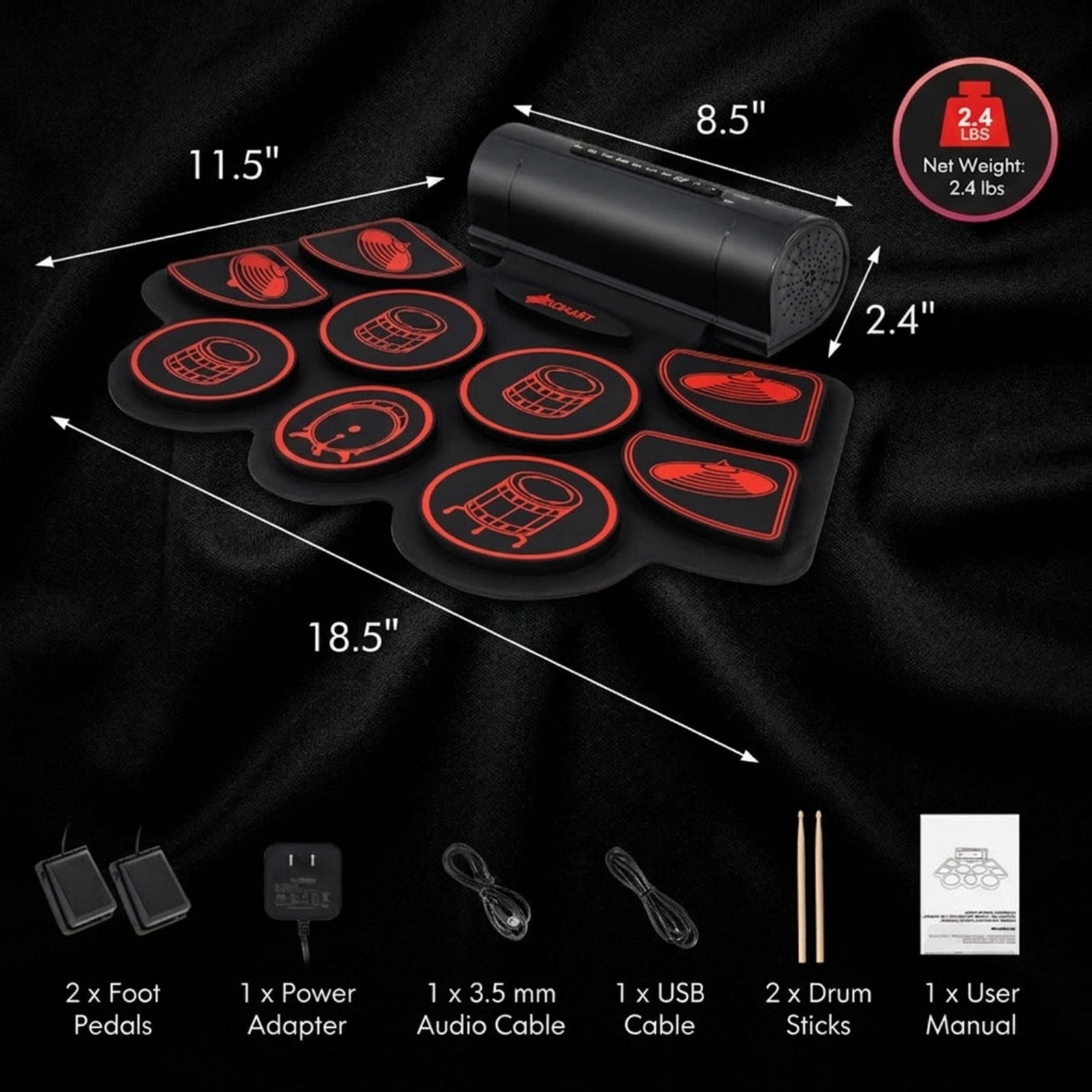 Redsmile Electronic Drum Set with 2 Built-In Stereo Speakers, Foot Pedal and Recording Function for Kids, Red
