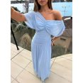 thumbnail image 5 of Women Elegant Baby Blue One-Shoulder Ruched Bodice Long Dress With Draped, 5 of 8
