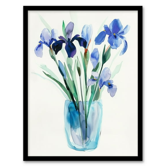 Artery8 Blue Iris Flower Bouquet Vase Floral Watercolour Living Room Art Print Framed Poster Wall Decor 12x16 inch