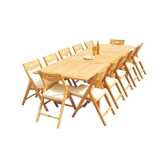 Grade-A Teak Dining Set: 12 Seater 13 Pc: 122" Caranas Rectangle Table And 12 Surfliner Folding Reclining Arm Chairs Outdoor WholesaleTeak #51SL2913