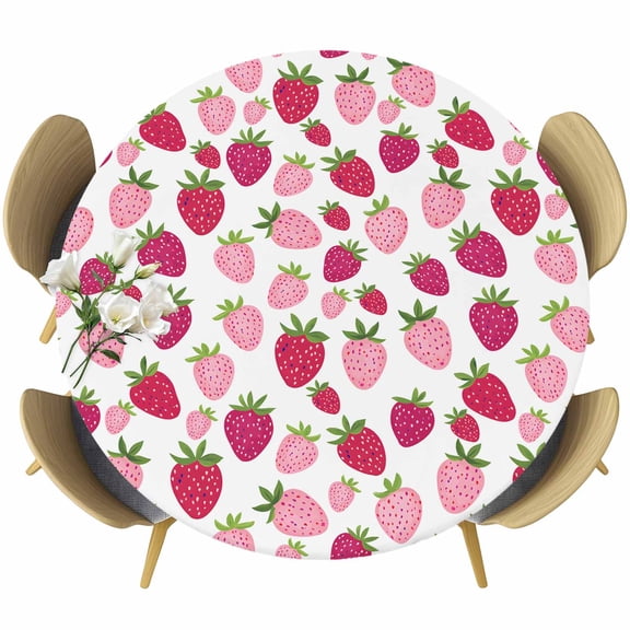 Red Pink Strawberry Round Tablecloth 36-44 Inch Round Fitted Table Cloth with Elastic Edge, Lovely Summer Spring Fruit Waterproof Table Cover Protector for Outdoor Picnic Party Dining