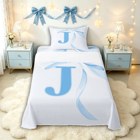 Manfei Romantic Dreamy J Personalized Initial Twin Sheet Sets 3pcs for Girls Kids,Teens Women Kawaii Bow Tie Letter Bedding,Lightweight Room Decor