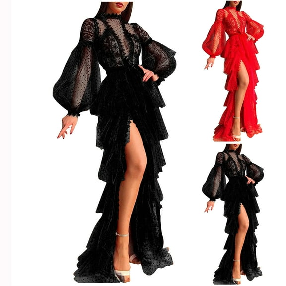 Elainilye Fashion Womens Wedding Guest Dress Plus Size Spring Sexy Casual Round-Neck Solid Slimming Split Long Dress,Black