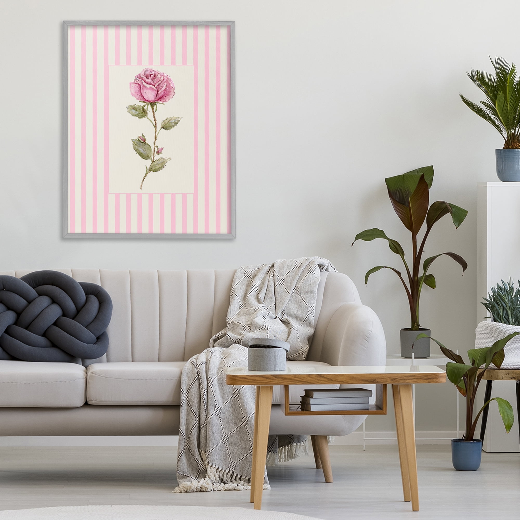Pink Stripe Rose Gray Framed Giclee Art, design by Lisa Wehmeyer