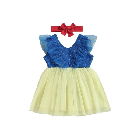 

Infant Baby Girls Princess Snow White Dress Ruffles Bowknot Sleeveless Tulle Sweet Dress with Headband