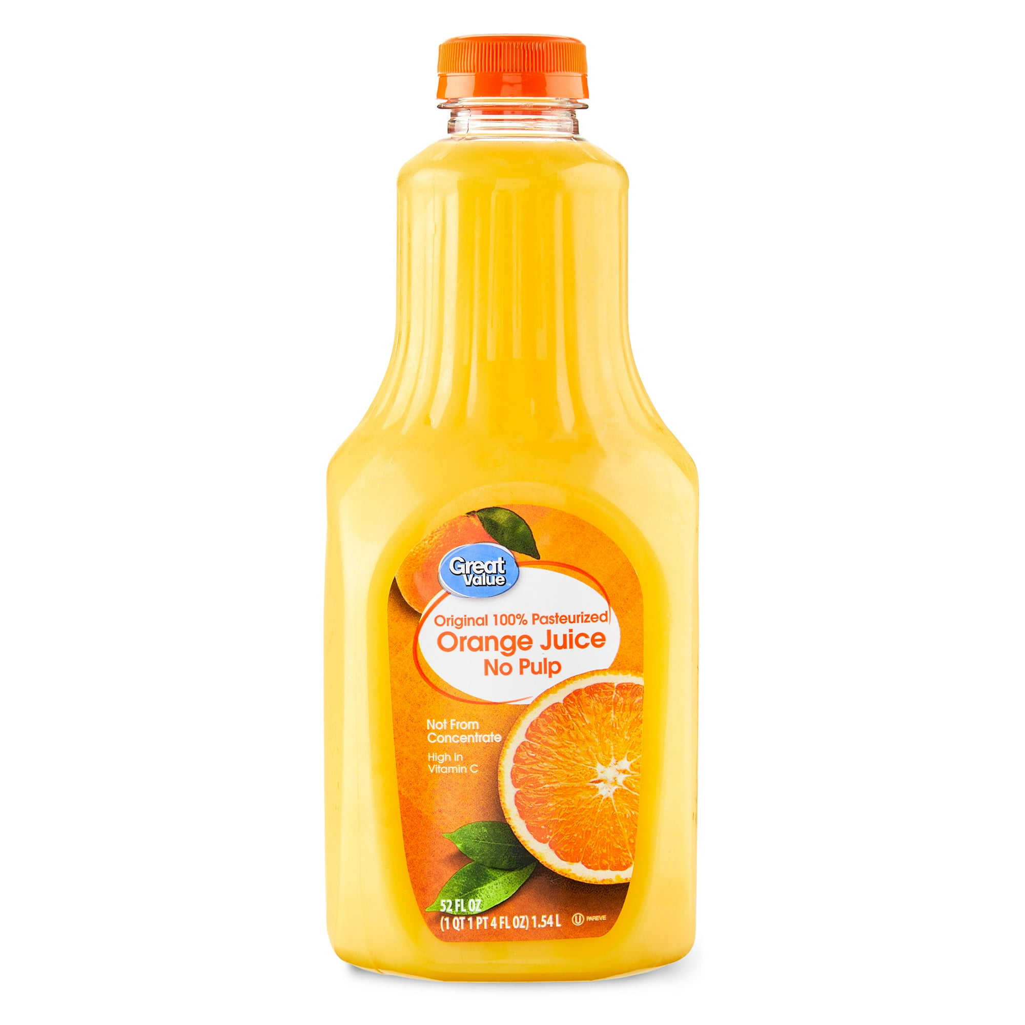 Great Value 100% Pasteurized Orange Juice, No Pulp, 52 fl oz