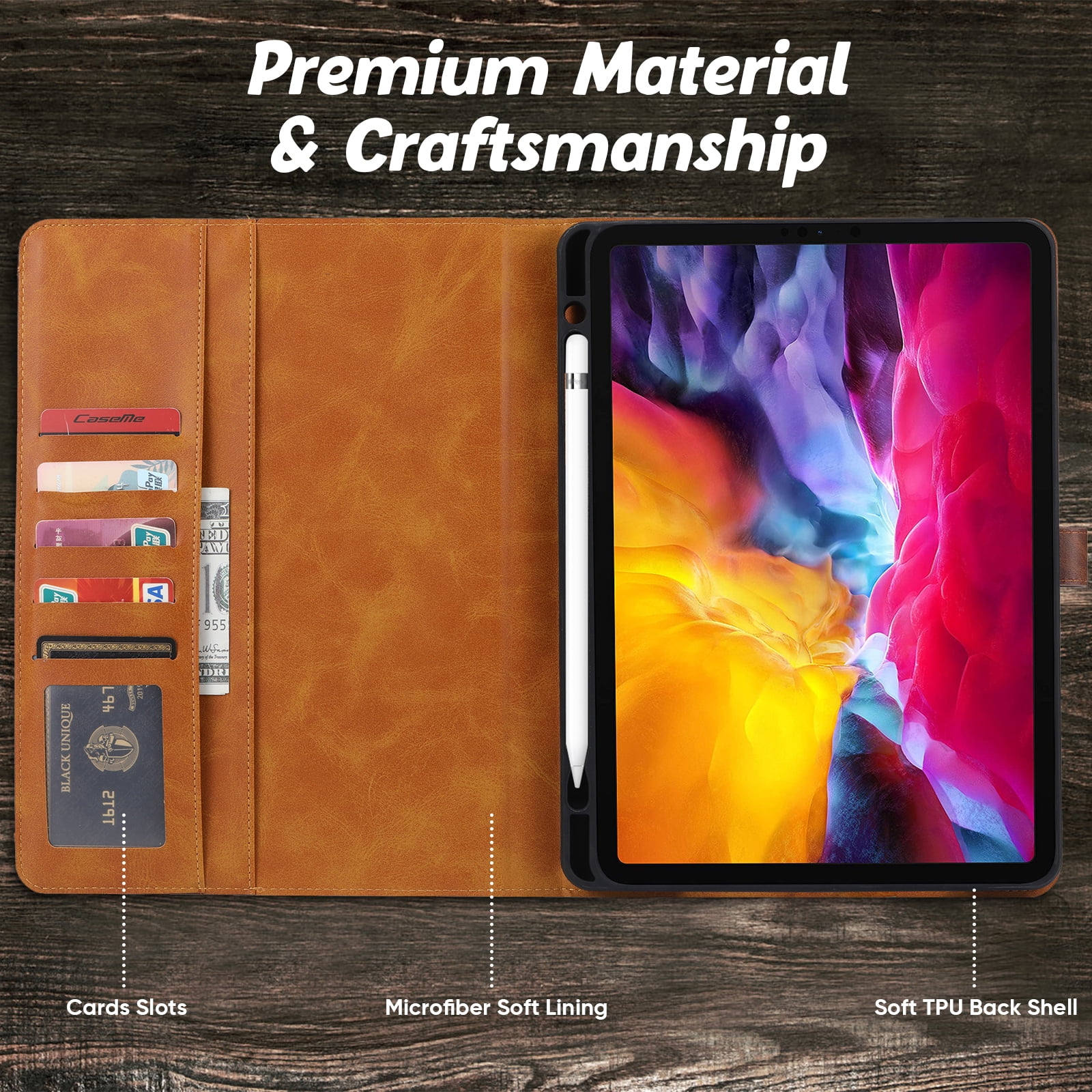 Flip Case for Apple iPad Air 11" 2025 2024/Pro 11 2022/2021/2020/2018/ iPad Air 5th 4th Gen 10.9", Pencil Holder Smart Cover Auto Sleep Wake Protective Documents Pocket Stand Snap Closure,Coffee