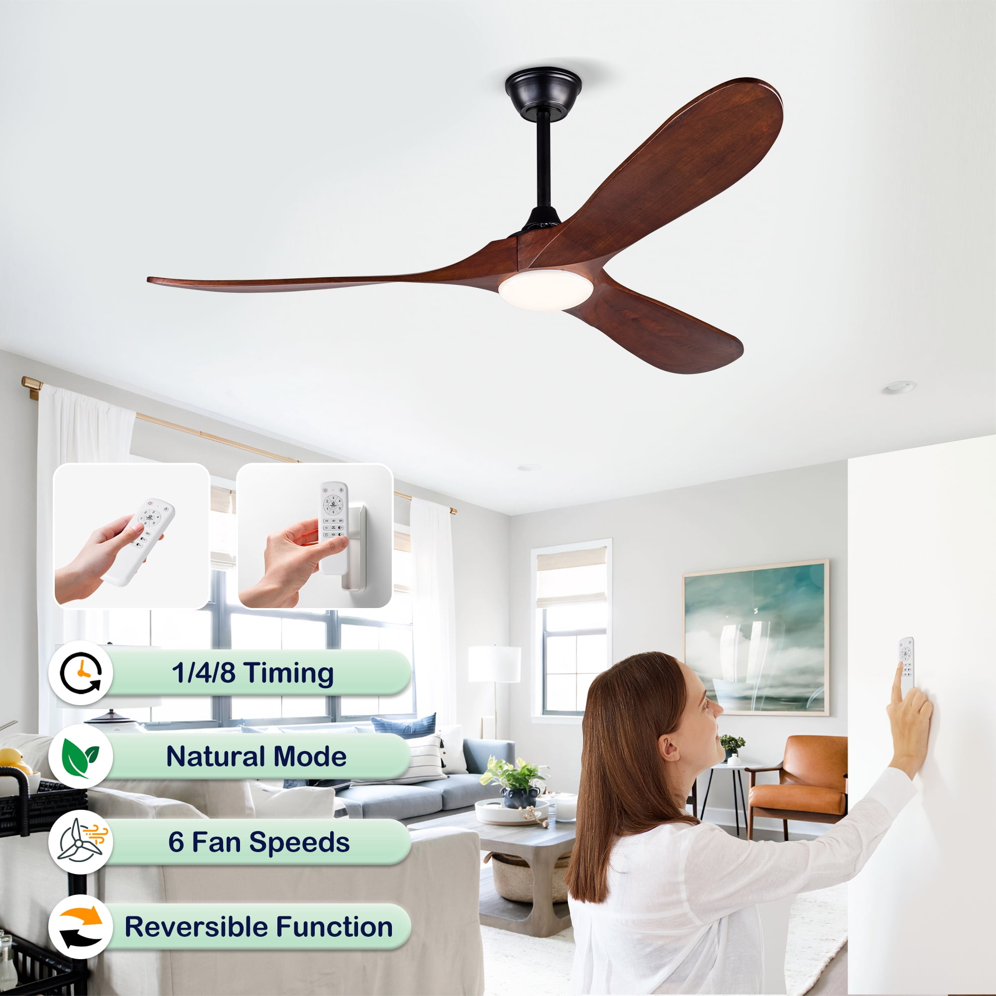 Ceiling Fan 52 Inch with 3 Solid Wood Blades and Light, Remote Control Ceiling Fan and LED Light Fixture with Reversible DC Motor for Bedroom, Black