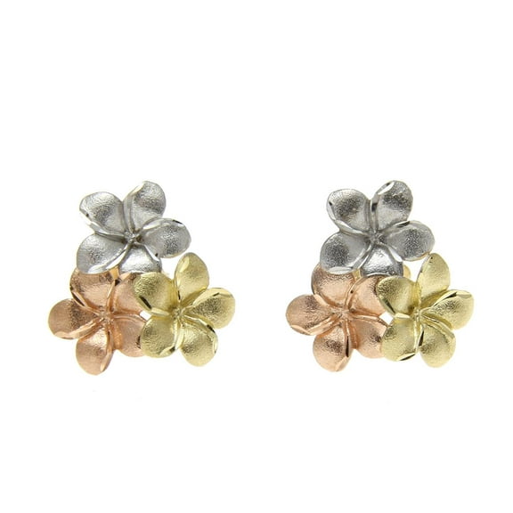 14K yellow rose white tricolor gold Hawaiian plumeria cluster stud post earrings