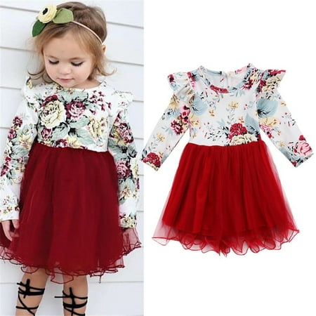 

New Hot Fashion Kid Baby Girls Long Sleeve Floral Tulle Tutu Dress Hot Sale