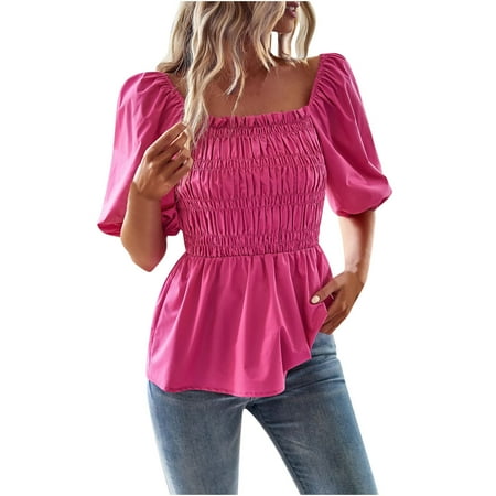 

kakina CMSX Womens Tops Valentines Fashion Solid Color Square Collar Ruffled T-shirt Tops Short Sleeve Loose Blouse Ladies Summer Tops Red XL