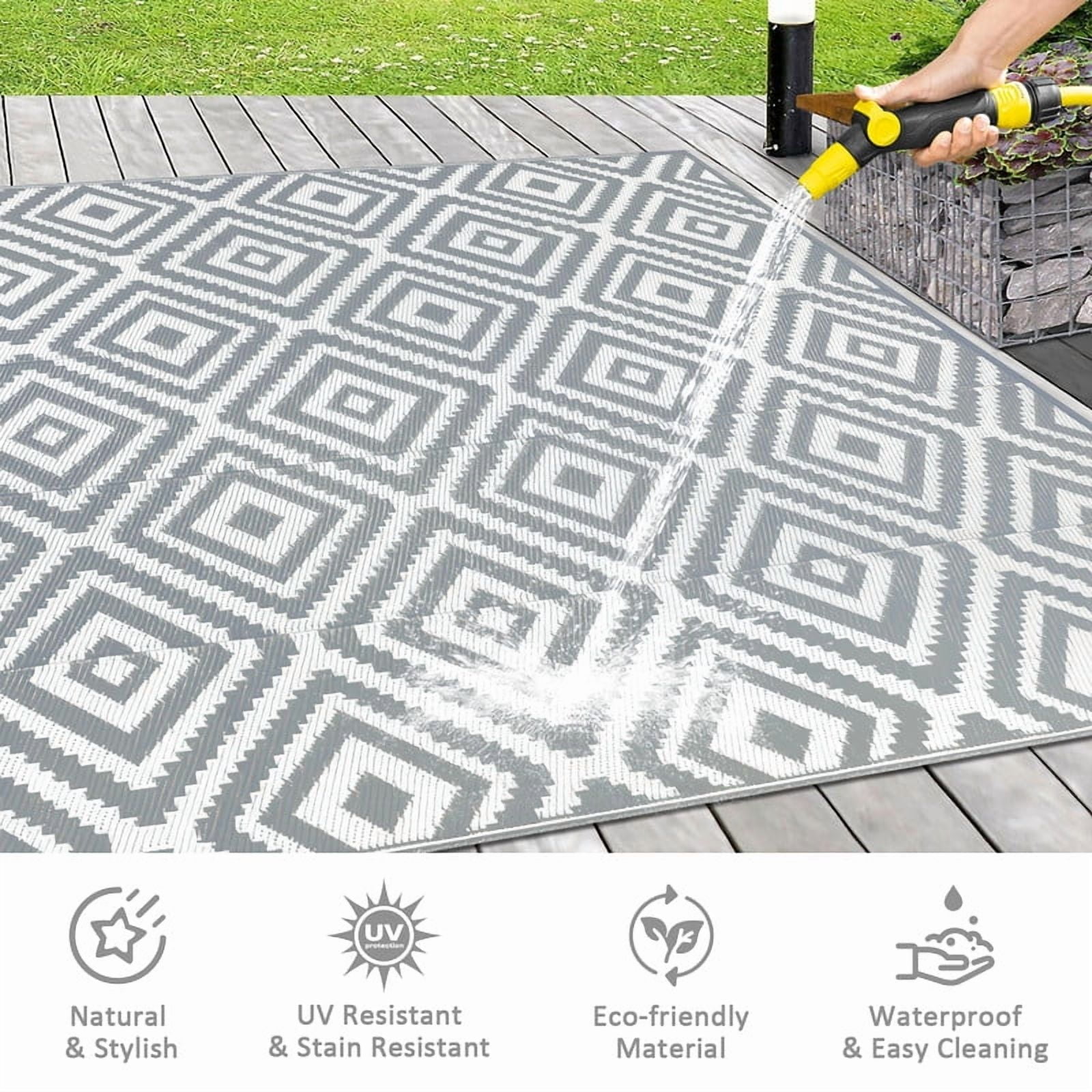 Aonewoe Outdoor Rug 8x10 Waterproof Reversible Camping Rug Patio Rug Plastic Straw Rug Outside Indoor Outdoor Area Rug for Patio Deck Balcony Picnic Beach, Gray & White