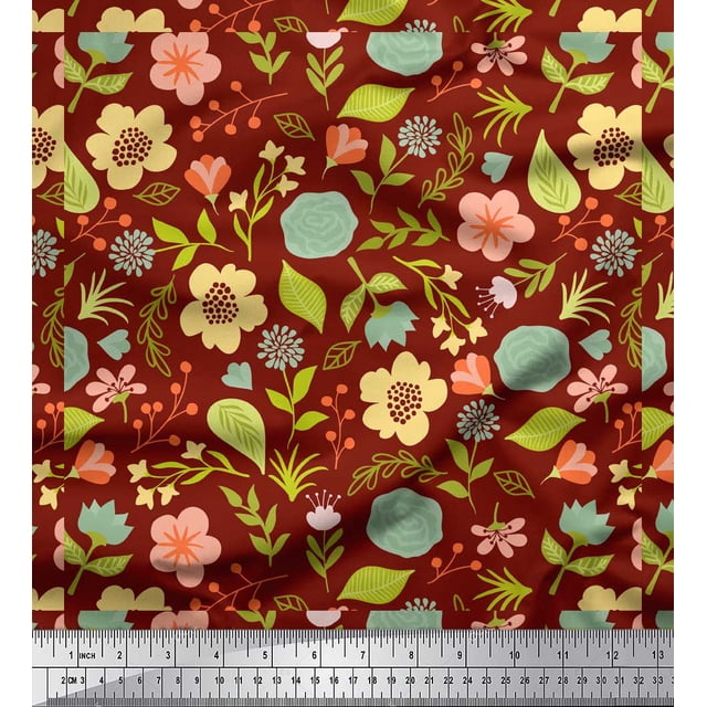 Soimoi Red polyester Crepe Fabric Leaf Floral Fabric Prints By Yard 52 Inch Wide