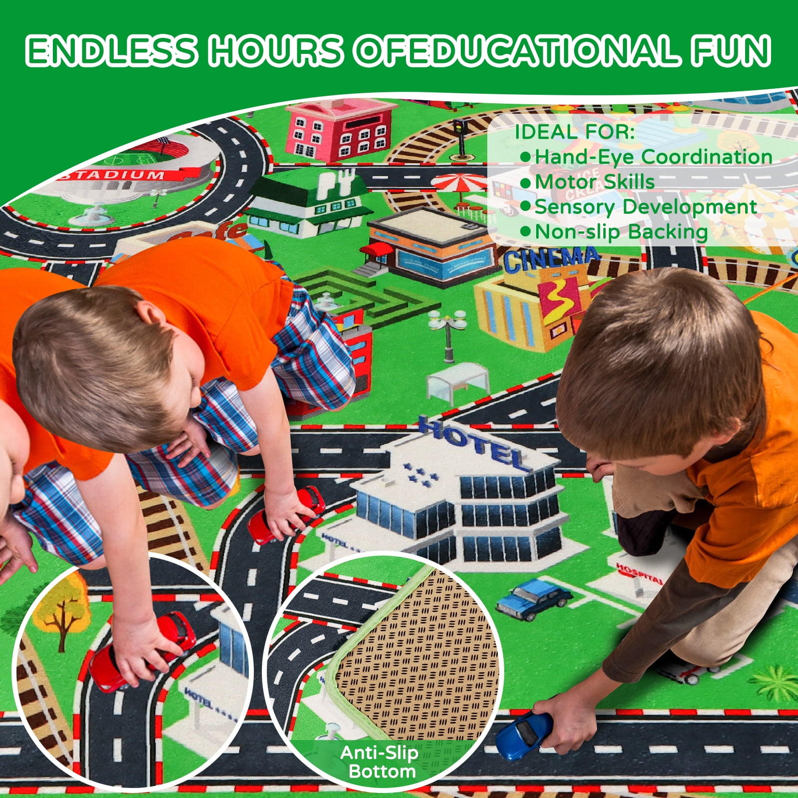 Kids Rug Car Rug for Toy Cars,City Life Road Traffic for Playroom Kid Car Road Rug Village Map Play Mat Non-Slip Washable Play Rug for Toddler Boy Family Tummy Time Playtime