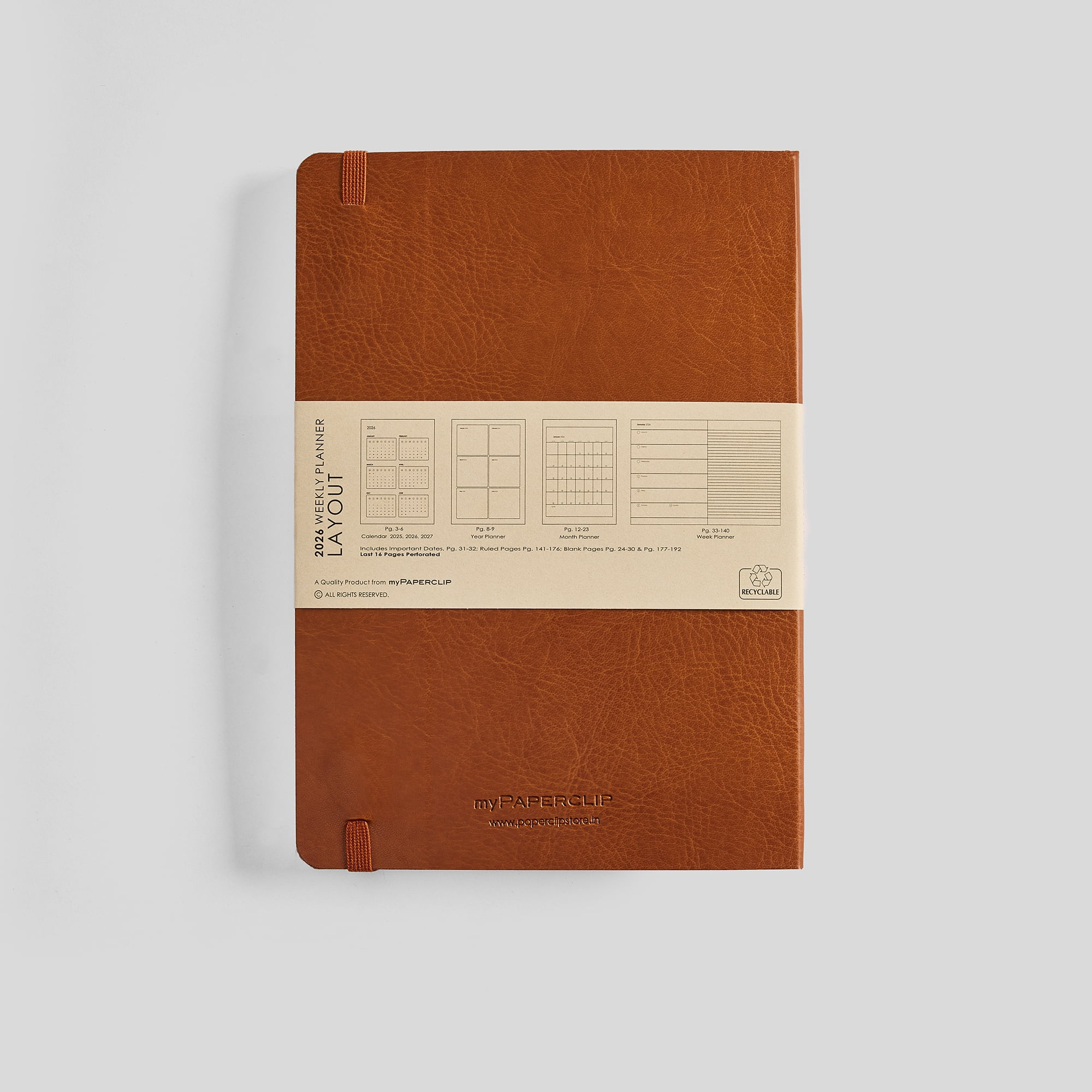 myPAPERCLIP 2026 Weekly Planner, Vegan Leather, A5 (5.83" x 8.27"), Tan