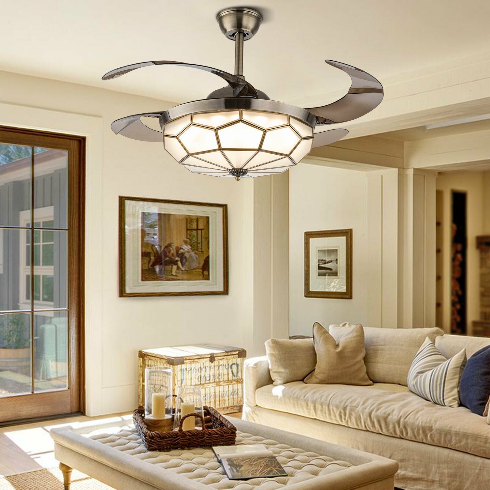 Details about   42" Crystal Ceiling Invisible Fan Light 3 Speeds LED Chandelier 3 Color Lamp 