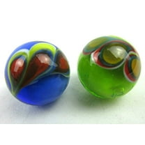 Big Game Toys~2 Peacock 16mm Handmade Art Glass Orange Blue Green Yellow Red Design Marbles Feather Swirl