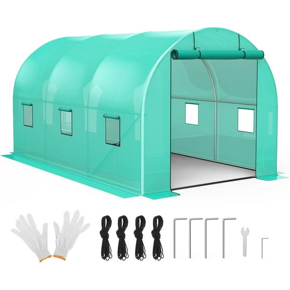 Acekid 8x13x7FT Walk-in Greenhouse, Portable Tunnel Tent with 19x0.6 Galvanized Pipes, Full-Opening Zipper Door & 6 Screen Windows, Outdoor Greenhouse