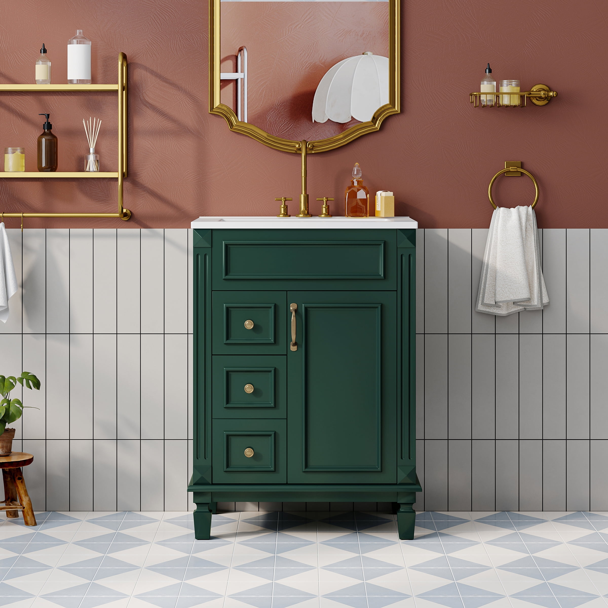 Euroco 24" Bathroom Vanity with Ceramic Sink, Small Bathroom Sink Cabinet, Modern Cabinet with 2 Drawers and Adjustable Shelf