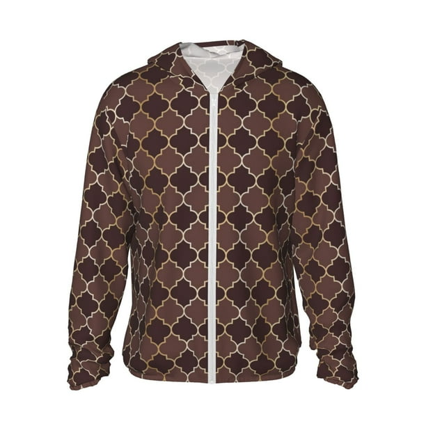 Fotbe Brown Gold Grid Chaqueta con Protección Solar UPF 50+ para Hombre y Mujer, Camisa con Capucha y Bolsillos-Large